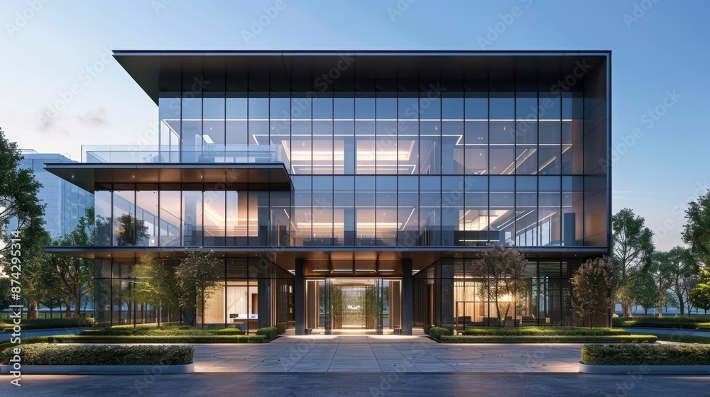 Render a modern, glass-fronted building with clean lines. Render a modern, glass-fronted building with clean lines.