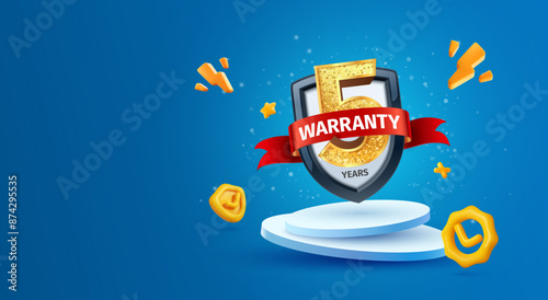 5 years warranty label vector illustration. 3d five years guarantee insurance on light blue background. Warranty service security products. Golden number five with red ribbon and shield on podium.