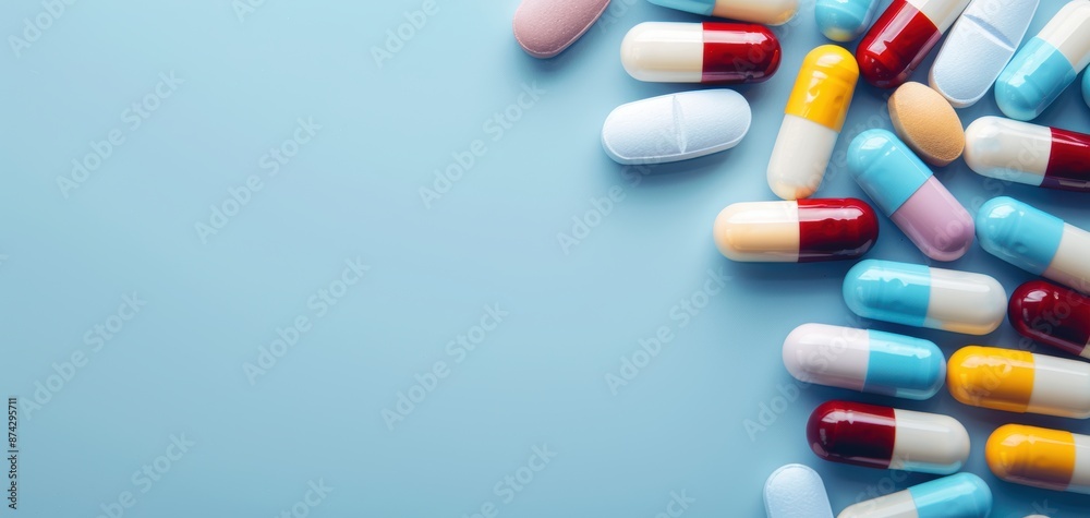 A row of colorful pills on a blue background A row of colorful pills on a blue background