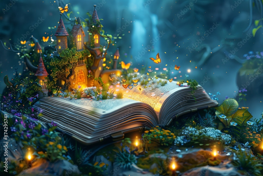 Obraz premium Happy World Book Day 3D-style illustration, featuring a magical book filled with enchanting stories