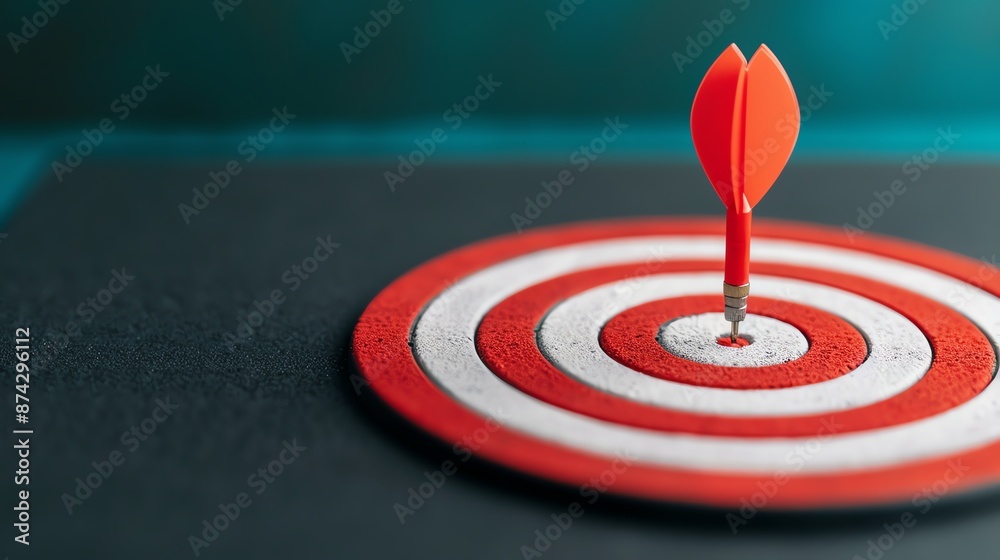 Red dart hitting the bullseye on a dartboard, representing precision and success in goal achievement, focus, and accuracy in performance. Red dart hitting the bullseye on a dartboard, representing precision and success in goal achievement, focus, and accuracy in performance.