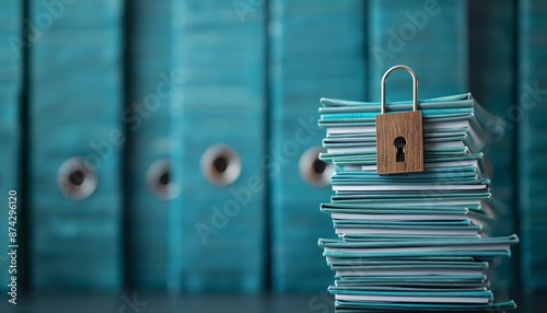Stack of office folders secured with a lock, symbolizing data privacy and information security, with blue background and folders in the backdrop.