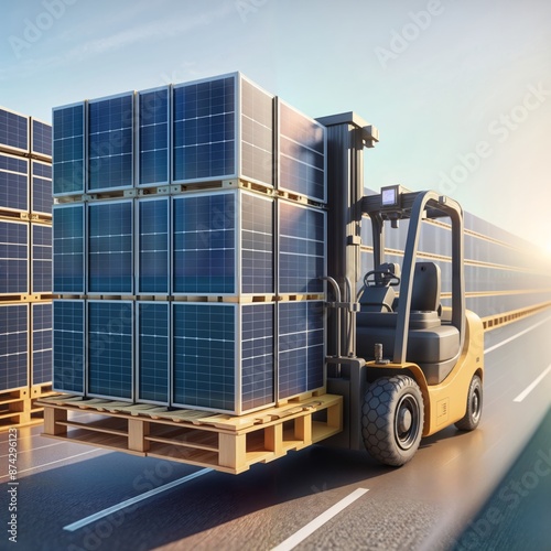 Solar Panel Transport. Forklift carrying solar panels in a warehouse.