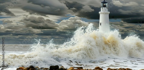 A tall white tower is shaken by the waves of the beach with cloudy skies