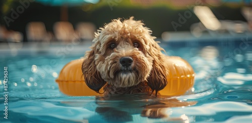 Brown Dog Floats In Inflatable Ring On Summer Day