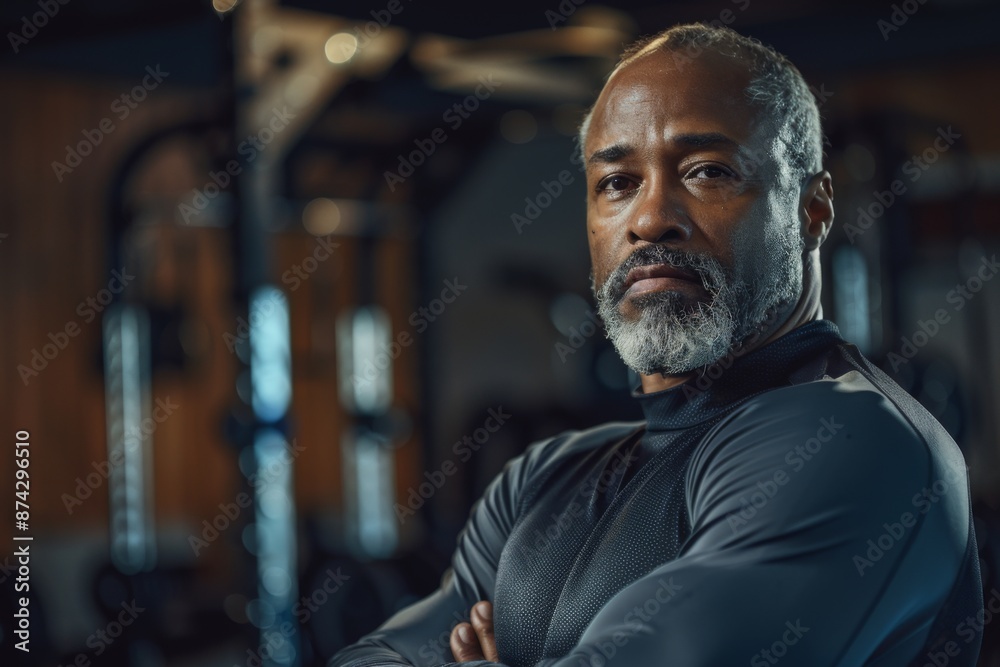Portrait of a middle aged male African American fitness trainer in gym Portrait of a middle aged male African American fitness trainer in gym