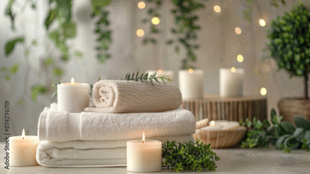Design a serene spa scene with candles, towels, and essential oils.