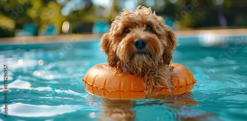 Brown Dog Floats In Inflatable Ring On Summer Day