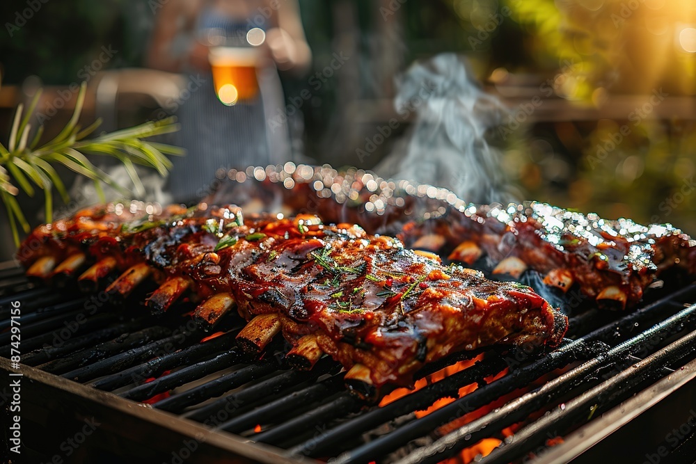 Marinated spicy pork ribs grilling on a bbq fire amongst the hot flames outdoors Marinated spicy pork ribs grilling on a bbq fire amongst the hot flames outdoors