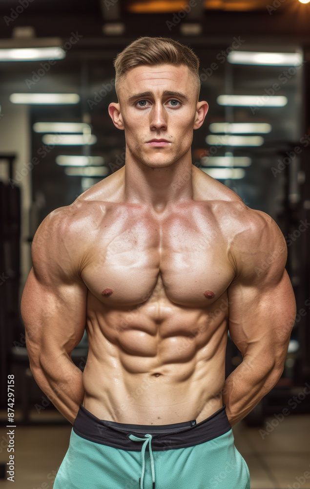 Portrait of a shirtless muscular man in an indoors setting created with Generative AI technology Portrait of a shirtless muscular man in an indoors setting created with Generative AI technology