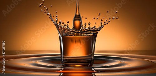 A glass containing liquid splashes with water droplets, the majority of which are brown with a brown background