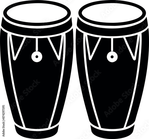 Two black drums with a white circle on the top of each