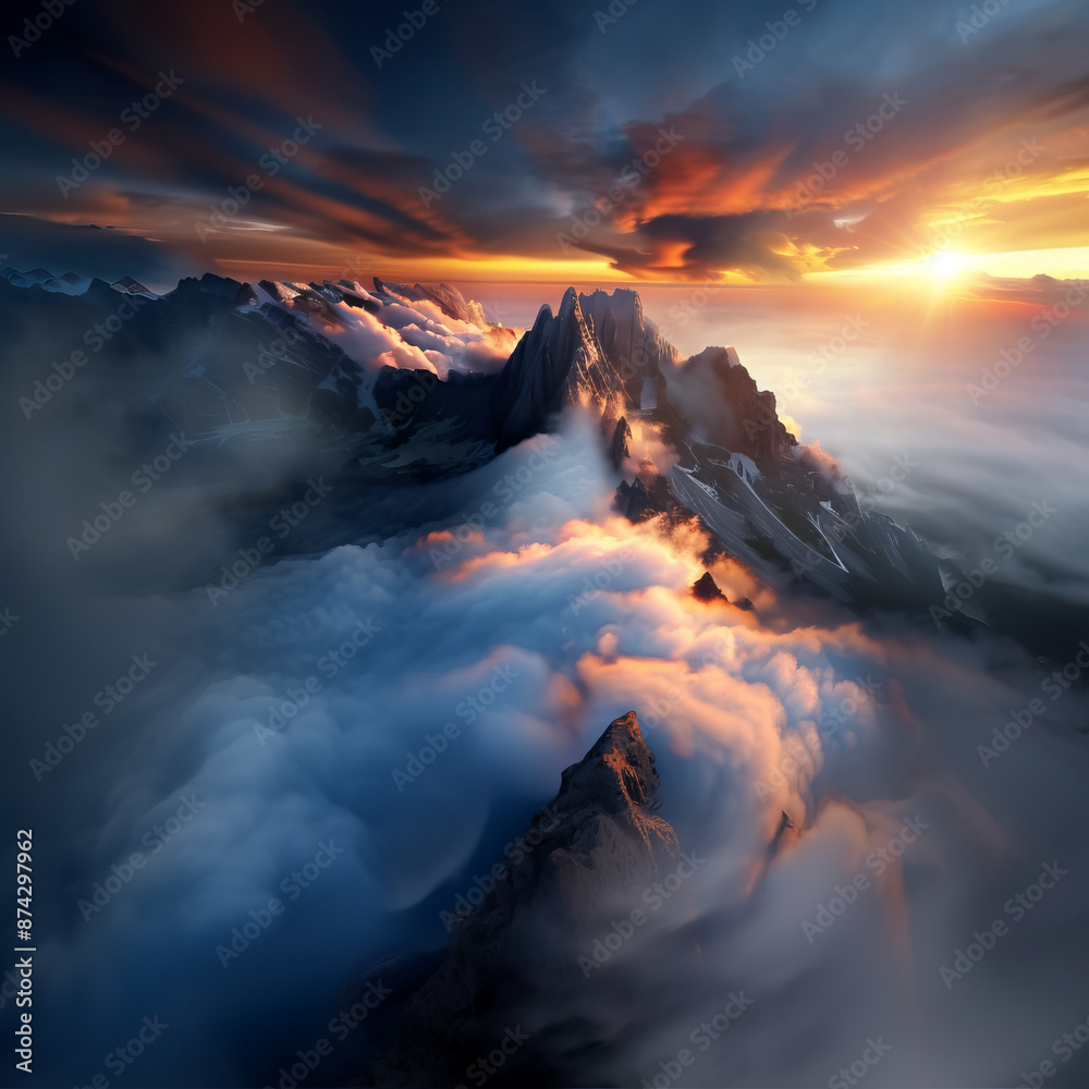 Fototapeta premium Breathtaking mountain landscape at sunrise, with dramatic clouds and vibrant colors creating a stunning natural scene.