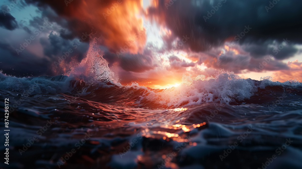 Dramatic ocean waves under a fiery sunset sky, capturing the raw beauty and power of nature with colorful clouds and dynamic water movement. Dramatic ocean waves under a fiery sunset sky, capturing the raw beauty and power of nature with colorful clouds and dynamic water movement.