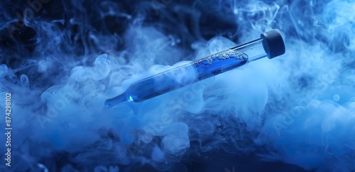 A closed glass tube containing floating liquid is surrounded by white smoke exposed to blue light on a black background
