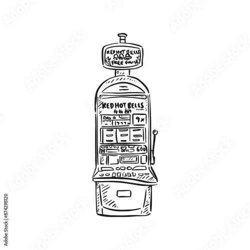 A black and white line drawn gambling machine, slot machine or fruit machine, drawn by hand as a vector. 