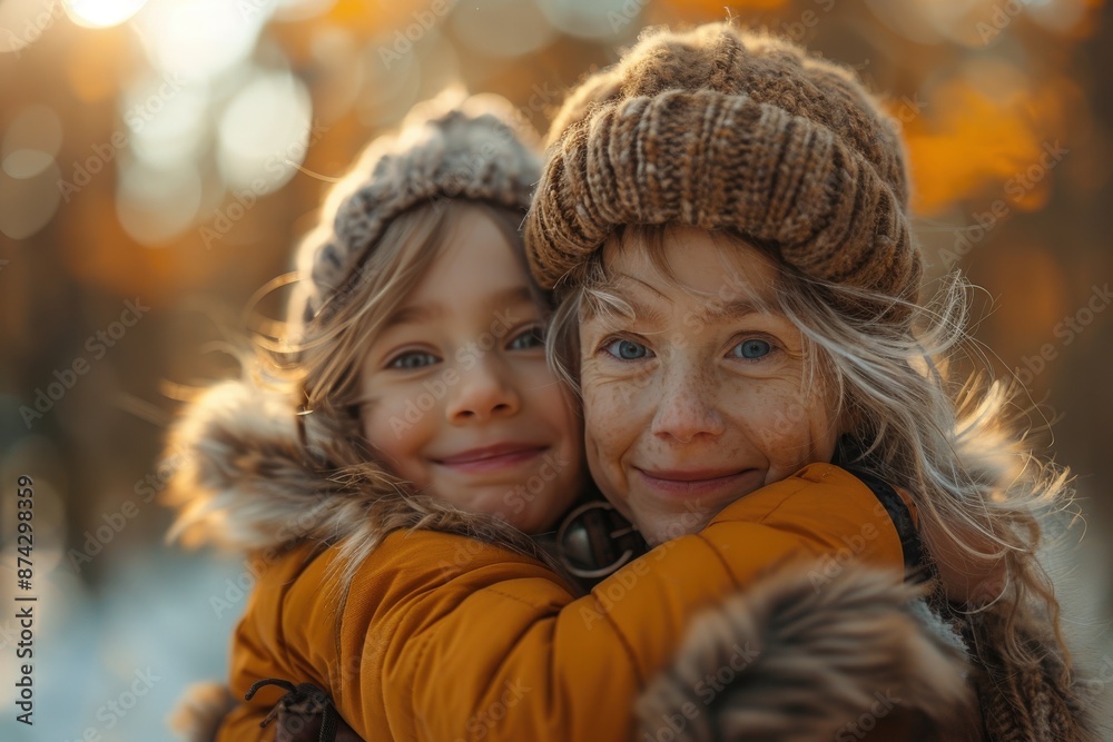 Two kids dressed in winter clothing, hugging each other and smiling in an outdoor setting, capturing the essence of joy, warmth, and sibling love during a chilly day. Two kids dressed in winter clothing, hugging each other and smiling in an outdoor setting, capturing the essence of joy, warmth, and sibling love during a chilly day.