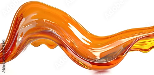 A shiny orange luquid liquid that is poured horizontally in the form of waves on a white background