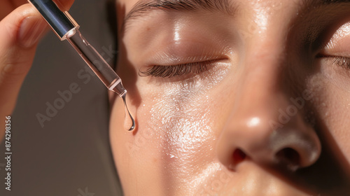 Close-up of woman applying serum on her face using a dropper. Skincare routine for smooth, hydrated, glowing skin. photo