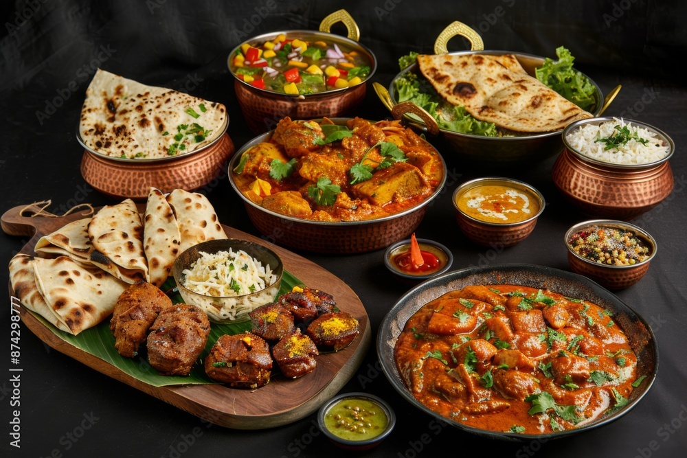 Assorted Indian food on black background Assorted Indian food on black background