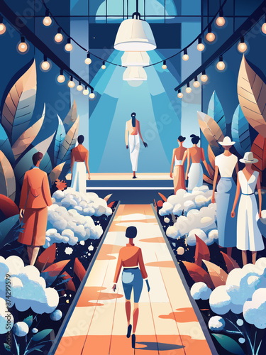 Elegant Fashion Show Event with Models on Catwalk Under Spotlights