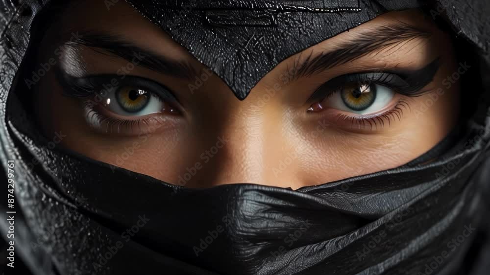 A woman's eyes pierce through the darkness, partially hidden beneath a black veil, conveying a sense of mystery and intrigue. A woman's eyes pierce through the darkness, partially hidden beneath a black veil, conveying a sense of mystery and intrigue.