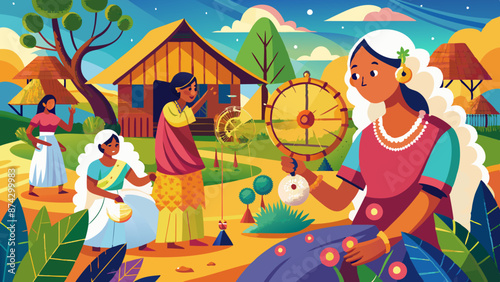 Vibrant, Traditional Indian Village Life Illustration with Women Engaging in Daily Activities