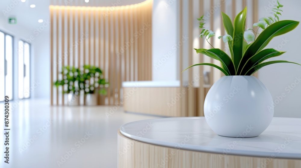 Modern minimalist office lobby with a reception desk, plants, and a white vase on a table. Modern minimalist office lobby with a reception desk, plants, and a white vase on a table.