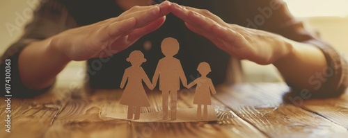 Protective hands over paper family figures.