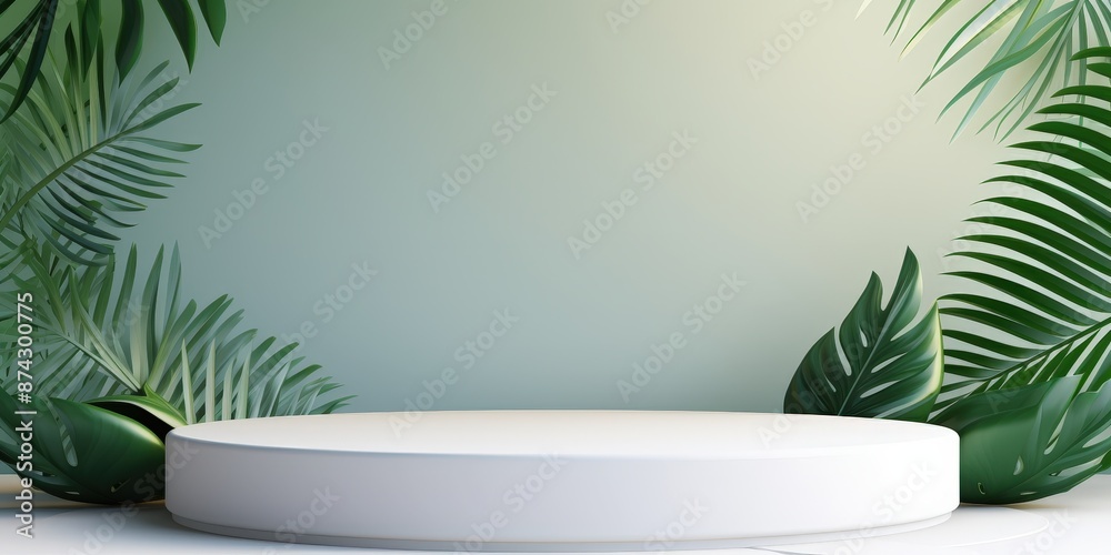 Minimalistic white podium with lush green tropical leaves for product display Minimalistic white podium with lush green tropical leaves for product display