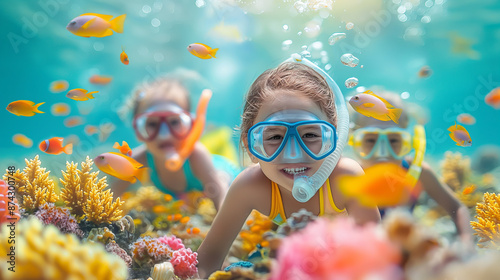 Children wear swimsuits and go snorkeling with fins, having fun. Underwater adventures with beautiful fish and corals.