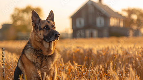 A German Shepherd guards a rustic farmhouse, set against a sprawling golden wheat field. The dog's loyal presence contrasts beautifully with the peaceful rural scenery.

 photo