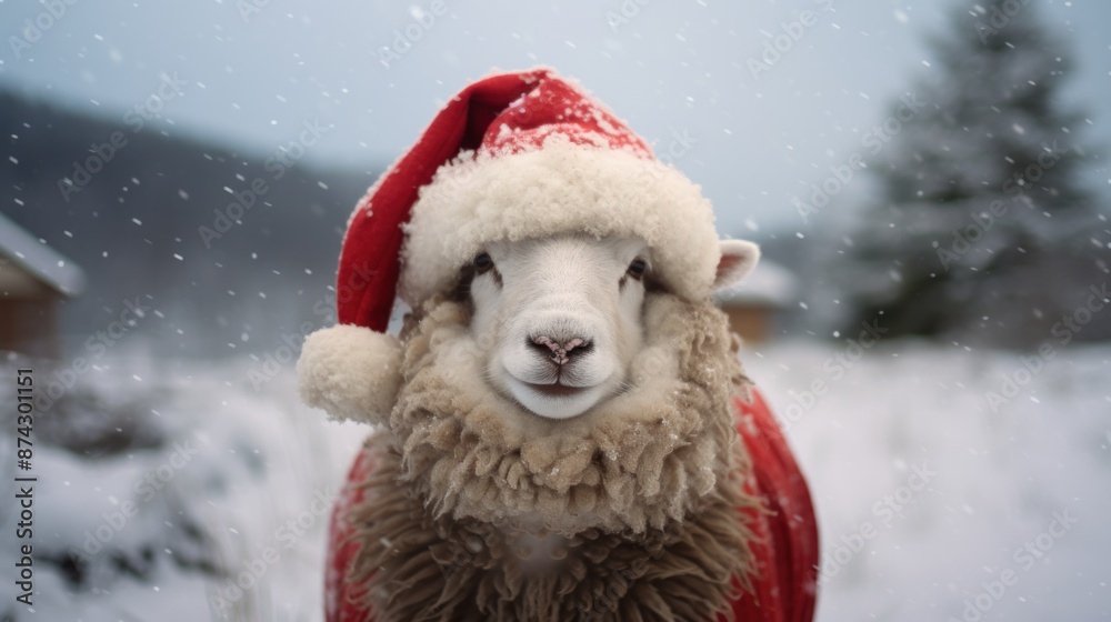 Portrait of a sheep in Santa hat. Christmas background.