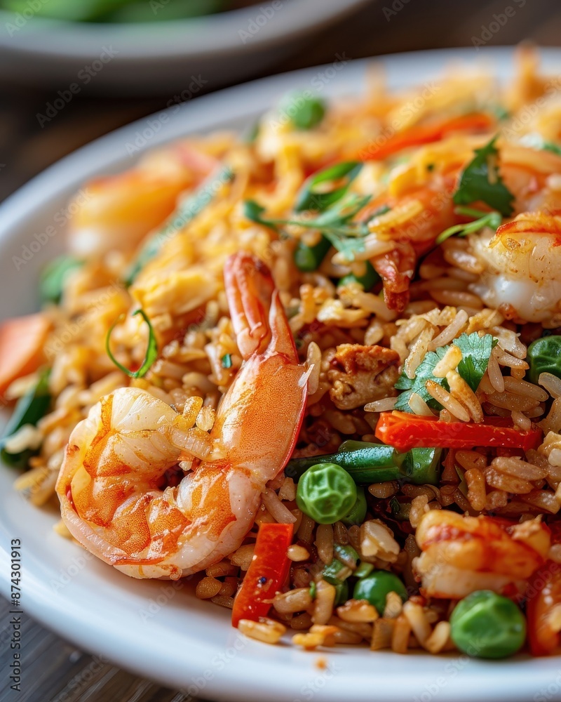 Delicious shrimp fried rice garnished with peas, red bell peppers, and fresh herbs served on a white plate. Delicious shrimp fried rice garnished with peas, red bell peppers, and fresh herbs served on a white plate.