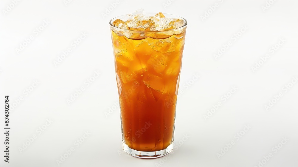 Tall glass of refreshing iced tea with ice cubes, captured against a white background. Perfect for summer refreshment and beverage concepts. Tall glass of refreshing iced tea with ice cubes, captured against a white background. Perfect for summer refreshment and beverage concepts.