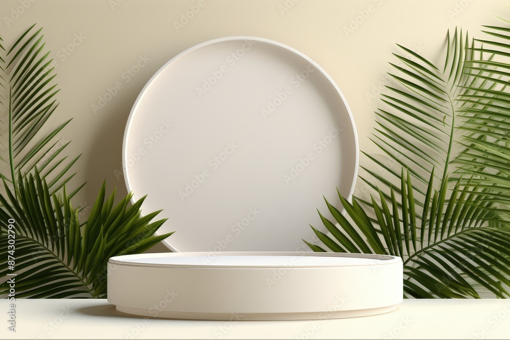 Minimalistic product display with podium and palm leaves Minimalistic product display with podium and palm leaves