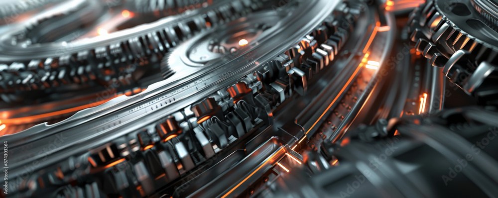 Fototapeta premium A futuristic metal surface with a series of interlocking gears and pulsing light strips, evoking a sense of complex machinery.