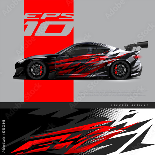 Car wrap decal graphic design. Abstract stripe racing background designs for wrap cargo van, race car, pickup truck, adventure vehicle. Eps 10