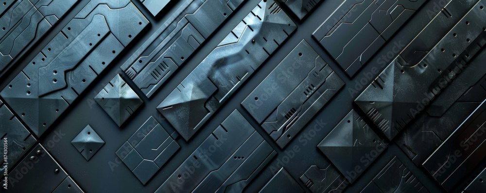 A futuristic metal texture with overlapping layers of angular panels, each with a different shade of metallic sheen and embedded LEDs, creating a complex pattern. A futuristic metal texture with overlapping layers of angular panels, each with a different shade of metallic sheen and embedded LEDs, creating a complex pattern.