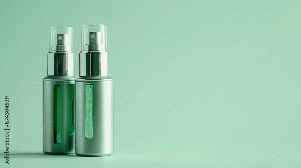 Compact aluminum body perfume spray bottles with fill level windows, displayed against a light green background. These are ideal for personal care essentials. Compact aluminum body perfume spray bottles with fill level windows, displayed against a light green background. These are ideal for personal care essentials.