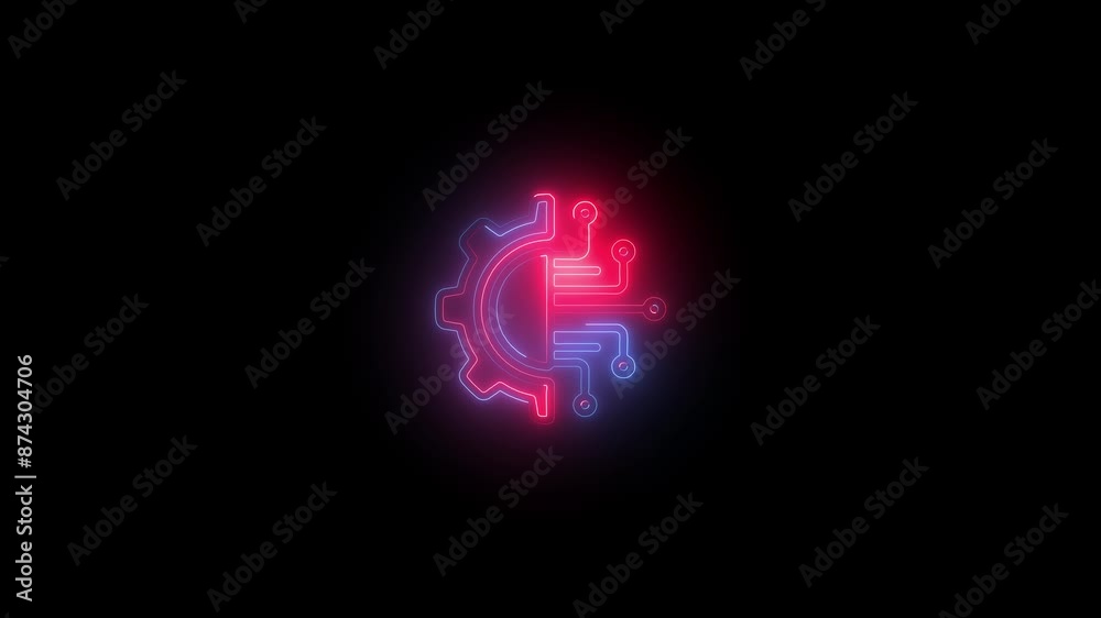 Human brain with tech icon. Neon icon with silhouette man head gears. Mental health concept. Abstract circuit brain animation. Human brain with tech icon. Neon icon with silhouette man head gears. Mental health concept. Abstract circuit brain animation.