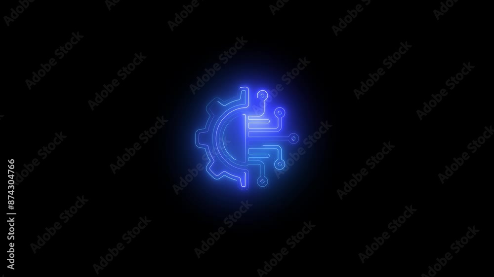 Human brain with tech icon. Neon icon with silhouette man head gears. Mental health concept. Abstract circuit brain animation. Human brain with tech icon. Neon icon with silhouette man head gears. Mental health concept. Abstract circuit brain animation.