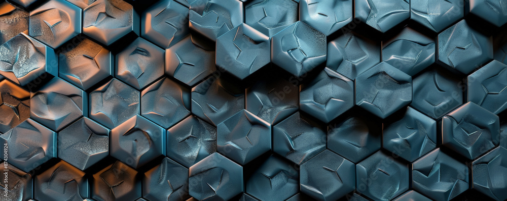 A metallic surface with a repeating pattern of hexagonal tiles, each with a different shade of metallic sheen and glowing blue accents, creating a high-tech look. A metallic surface with a repeating pattern of hexagonal tiles, each with a different shade of metallic sheen and glowing blue accents, creating a high-tech look.