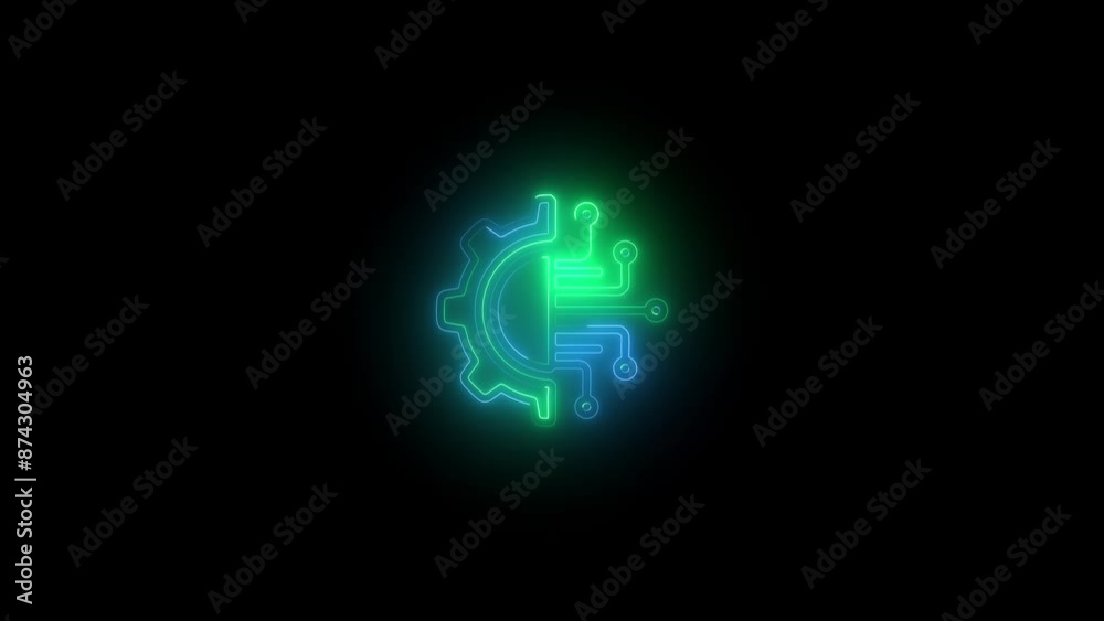 Human brain with tech icon. Neon icon with silhouette man head gears. Mental health concept. Abstract circuit brain animation. Human brain with tech icon. Neon icon with silhouette man head gears. Mental health concept. Abstract circuit brain animation.