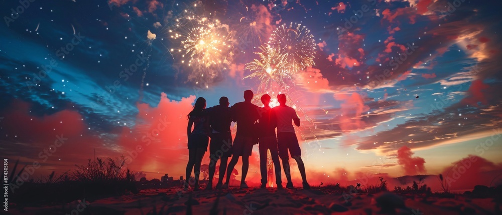Fototapeta premium Silhouette of a Unified Group of Friends Enjoying Fireworks Display, Symbolizing Friendship and Celebration