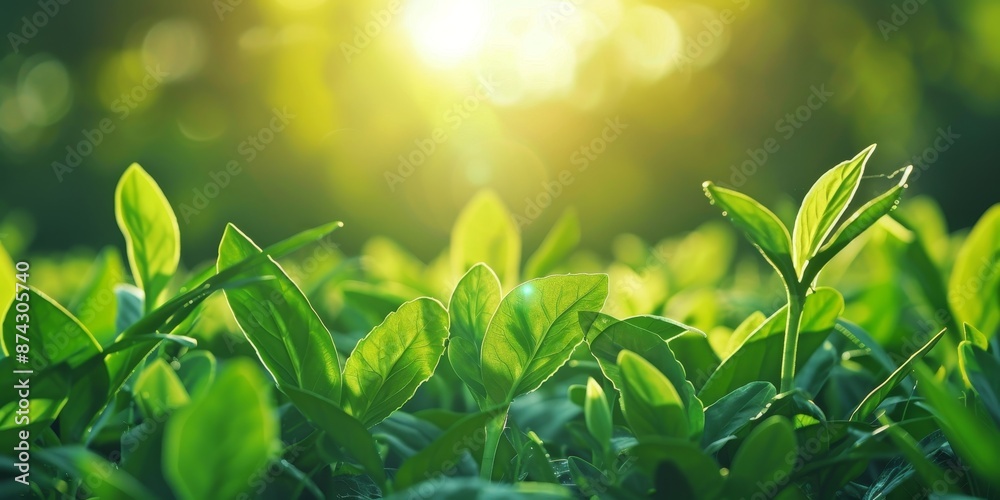 Fresh green tea leaves growing in the morning sun Fresh green tea leaves growing in the morning sun