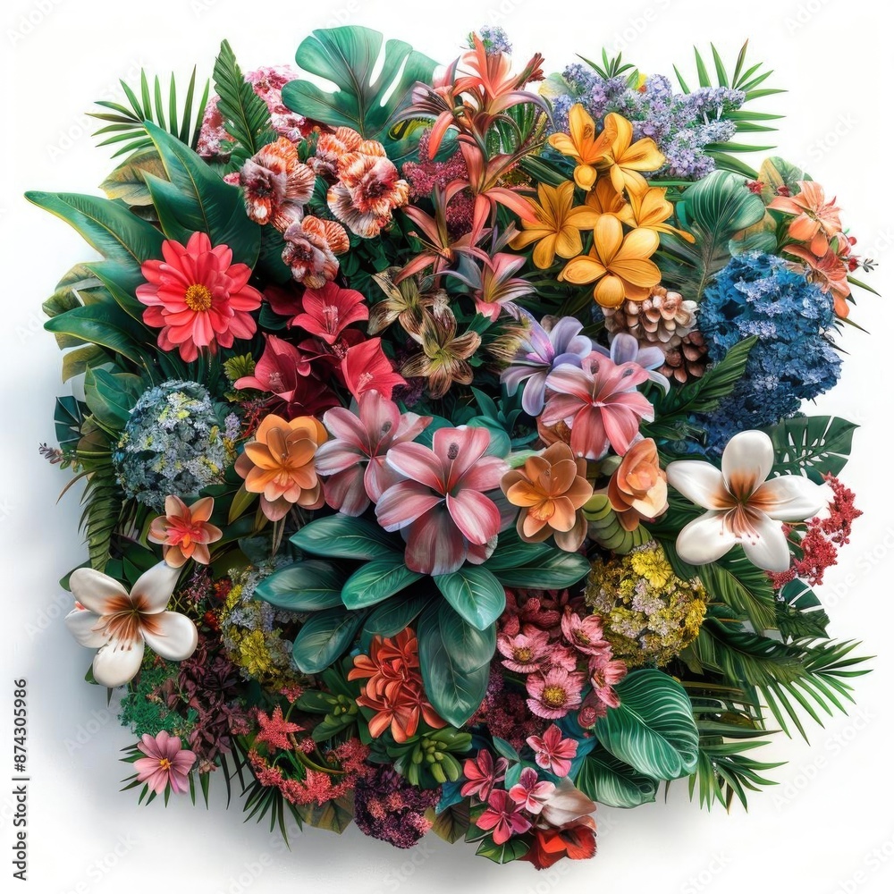 Vibrant tropical flower arrangement in a circular shape.