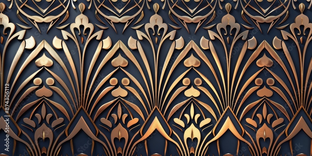 The image is a seamless pattern of art nouveau style floral ornament with golden elements on dark blue background.