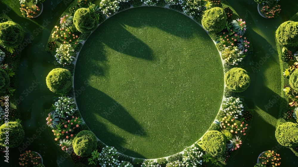 From above, a garden with circular topiary patterns and radial flower ...