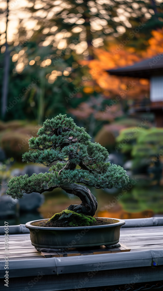 Bonsai tree in a serene evening garden setting, with soft lighting from traditional architecture, highlighting the peaceful and artistic atmosphere. Bonsai tree in a serene evening garden setting, with soft lighting from traditional architecture, highlighting the peaceful and artistic atmosphere.